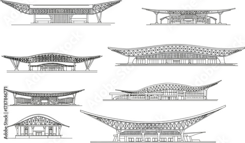 Architectural elevation drawings of modern building, multiple views, curved roof design, structural detailing, public architecture, engineering concept, technical illustration, planning 