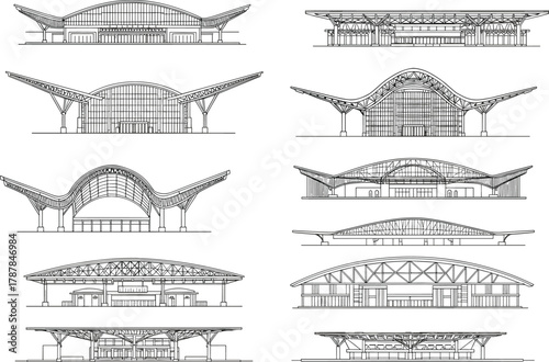 Architectural elevation drawings of transportation terminals, front and side views, diverse roof structures, public building design, metro station concept, infrastructure illustration, blueprint style