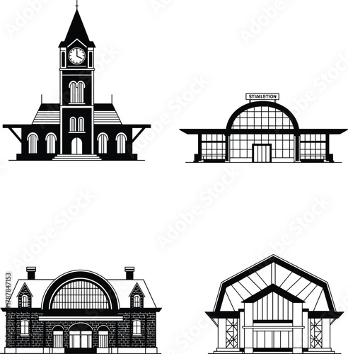 Black and white architectural illustrations of civic and transport buildings, clock tower, train station, barn structure, elevation views, infrastructure design, public architecture
