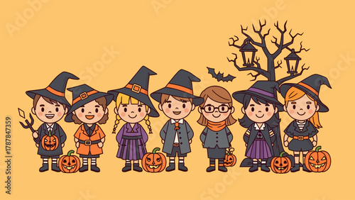 Group of happy diverse children in Halloween costumes with pumpkins and spooky tree. Cartoon kids celebrating.