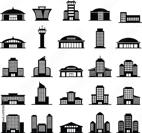 Black silhouette icons of diverse buildings, architectural structures, towers, domes, civic centers, urban design elements, skyline symbols, infrastructure concept, modern city illustration