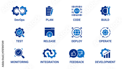 DevOps Icon Set containing plan, code, build, test, release, deploy, operate, monitoring, integration, feedback and development. Blue style vector icon 