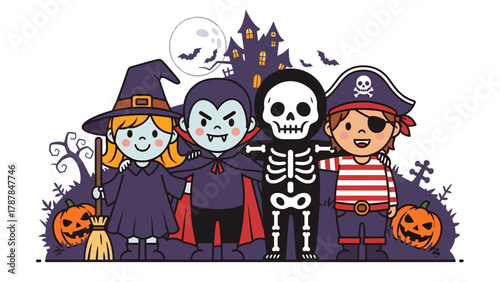 Happy Halloween Kids Illustration: Cute Children Dressed as Witch, Vampire, Skeleton, and Pirate with Spooky Castle