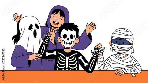 Joyful Kids in Halloween Costumes: Ghost, Skeleton, Mummy & Hooded Character Celebrating Spooky Fun