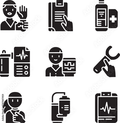 Medical icons depicting healthcare professionals equipment and procedures doctor patient