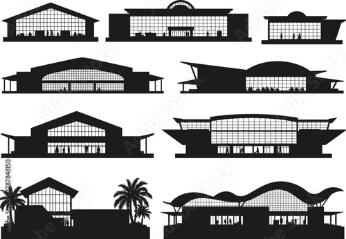 Modern building silhouettes, architectural diversity icons, black urban structures, stylized roof designs, glass facade shapes, vector skyline layout, infrastructure concept,city planning illustration