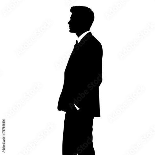Classic Minimalist Silhouette

A clean, high-contrast silhouette of a man in a formal suit standing confidently against a pure white background. He faces slightly to the right in a three-quarter profi