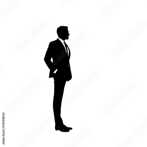 Classic Minimalist Silhouette

A clean, high-contrast silhouette of a man in a formal suit standing confidently against a pure white background. He faces slightly to the right in a three-quarter profi