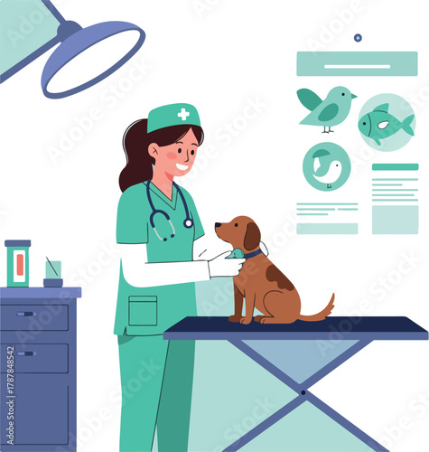 Veterinarian examining a brown dog on an examination table in a clinic with a green uniform and a stethoscope around her neck.