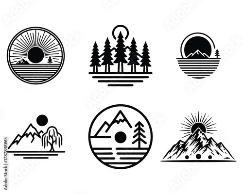 Collection of Detailed Minimalist Outdoor Line Art Logos: Sun, Forest, and Mountain Landscape Vectors