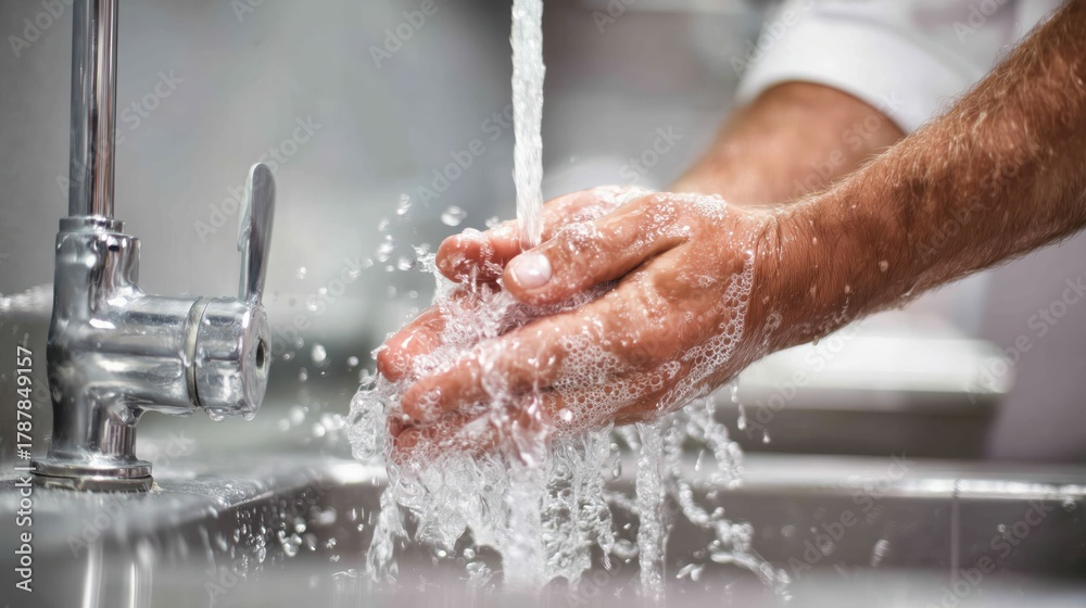 Fototapeta premium Close-up of hands being washed vigorously under a powerful stream of water
