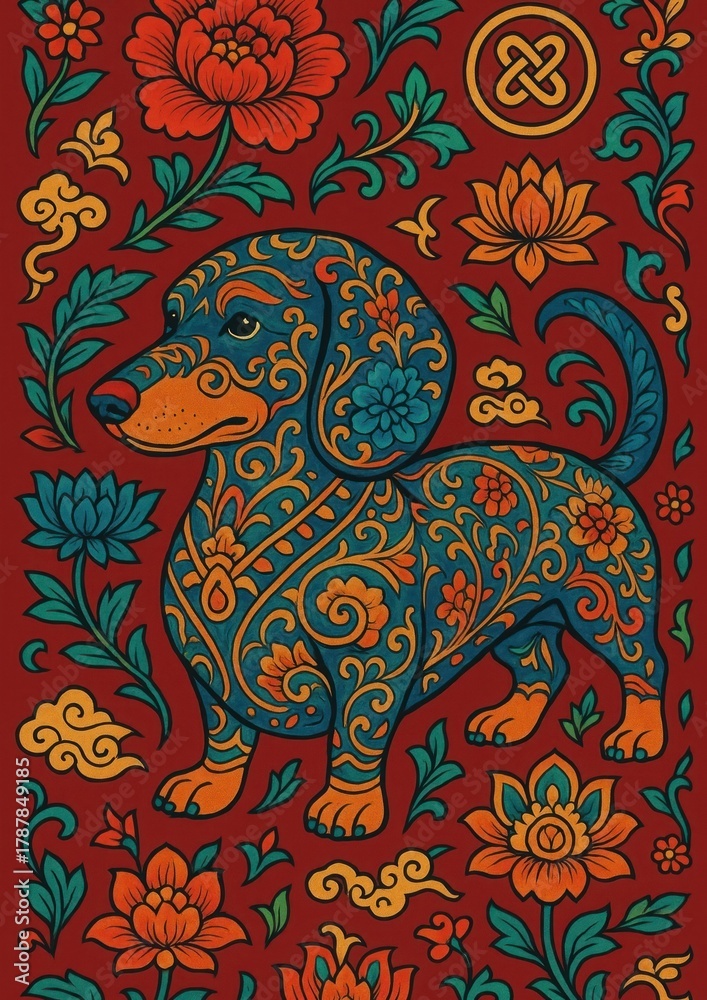 Fototapeta premium Colorful floral dachshund pattern