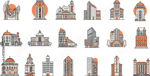 Stylized building illustrations, diverse architecture, classical and modern structures, urban design elements, orange background vector, editable, 