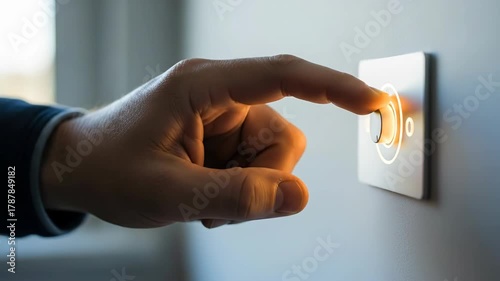 Male hand adjusts smart home light dimmer switch. Man turns off the modern wall control panel to manage illumination.