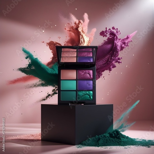 A 3D render showcasing an eyeshadow palette centrally positioned on a sleek black pedestal. Vibrant pigment dust, mirroring the palette’s. The background is a soft blush pink.