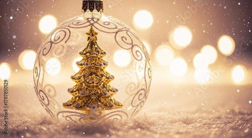 New Year banner featuring a decorative Christmas bauble with a golden tree inside and bokeh lights, copy space