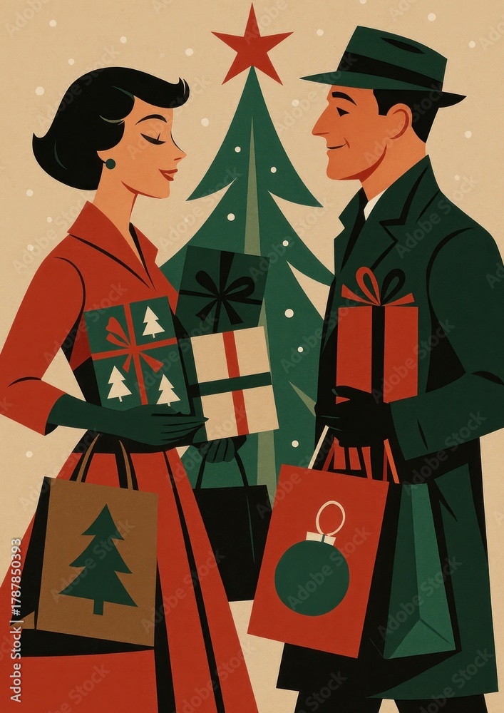 Fototapeta premium Retro holiday couple exchanging gifts.