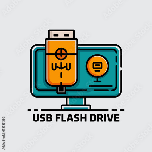 USB flash drive with computer symbol vector – Suitable for tech tutorials, IT presentations, or data storage concept design.