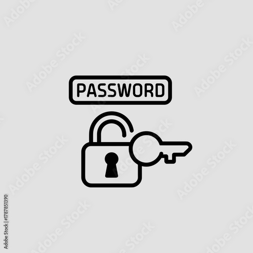Password key and lock line art vector – Suitable for login security, technology presentations, or cyber safety content.