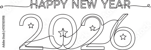 Happy New Year 2026 outline text with stars lettering 1