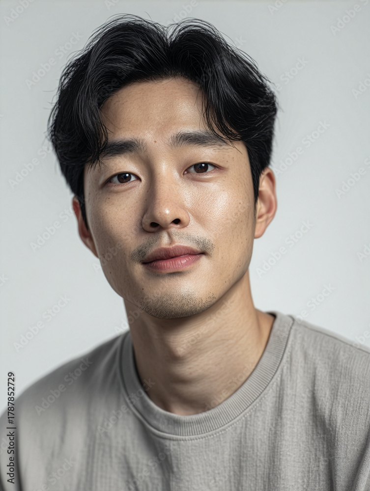 Fototapeta premium Realistic close-up portrait of a young East Asian man with short dark hair, light facial stubble, and a calm, confident expression.