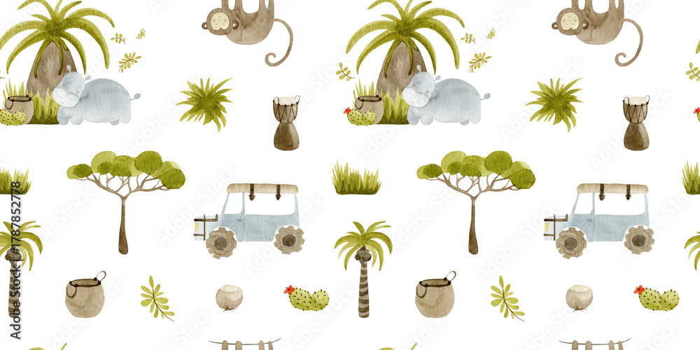 Fototapeta premium Seamless Watercolor Safari Pattern – Hand-Painted Jungle Animals, Exotic Wildlife, Tropical Nature, Hippopotamus & Monkey, Adventure Car, Palm Trees & Tribal Elements 
