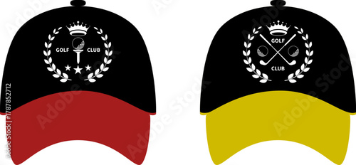 Cap with Golf club logo. Pair of iron, wood or wedge golf club with golf ball. Sport elements. VectorPrint