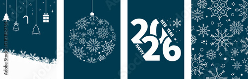 Winter and Christmas background with snowflakes. Christmas background for greeting card. 2026. New year and Christmas greeting card. Blue background. Vector