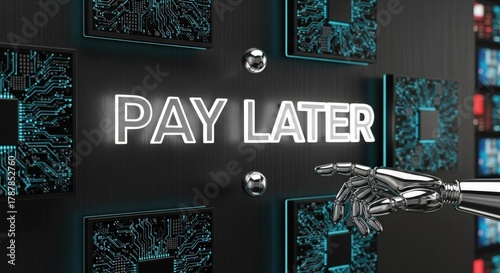 Pay Later Futuristic Concept Art: Glowing Metallic Text with Floating Circuit Boards and Chrome Robotic Hand