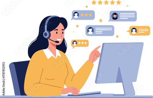 Illustration of a woman wearing a headset sitting at a desk with a computer and interacting with chat bubbles, conveying a customer service or support conversation.