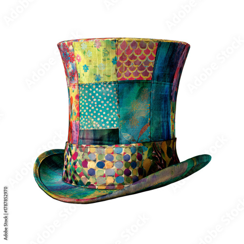 Colorful patchwork top hat creating a whimsical fantasy costume