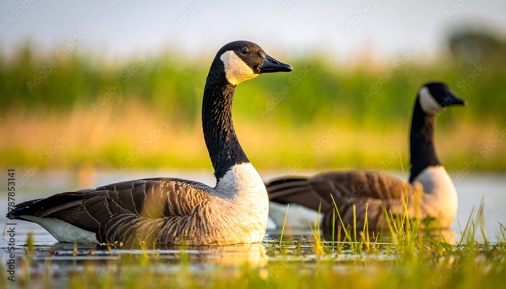 Obraz premium Two graceful waterfowl with black heads and necks are seen floating calmly in a reflective body of water, grasses and sunlight