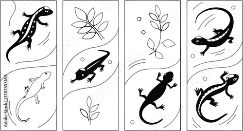 Charming salamander silhouettes and delicate leaf accents for a touch of nature inspired elegance, originally vector graphics ready for creative projects