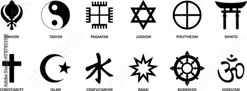 Christianity, Islam, Confucianism, Bahai, Sikhism,Taoism, Taoism, Paganism, Judaism etc symbols.Religious icons. Vector