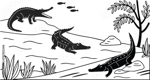 Dynamic crocodiles hunting fish in shallow river waters amidst lush foliage and rocky terrain, a primal scene of nature's wild pursuit.