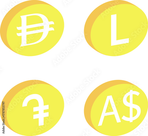 Dirham, Albanian lek, Dram, Australian dollar. Foreign exchange currency sign. Money coin icons. Vector