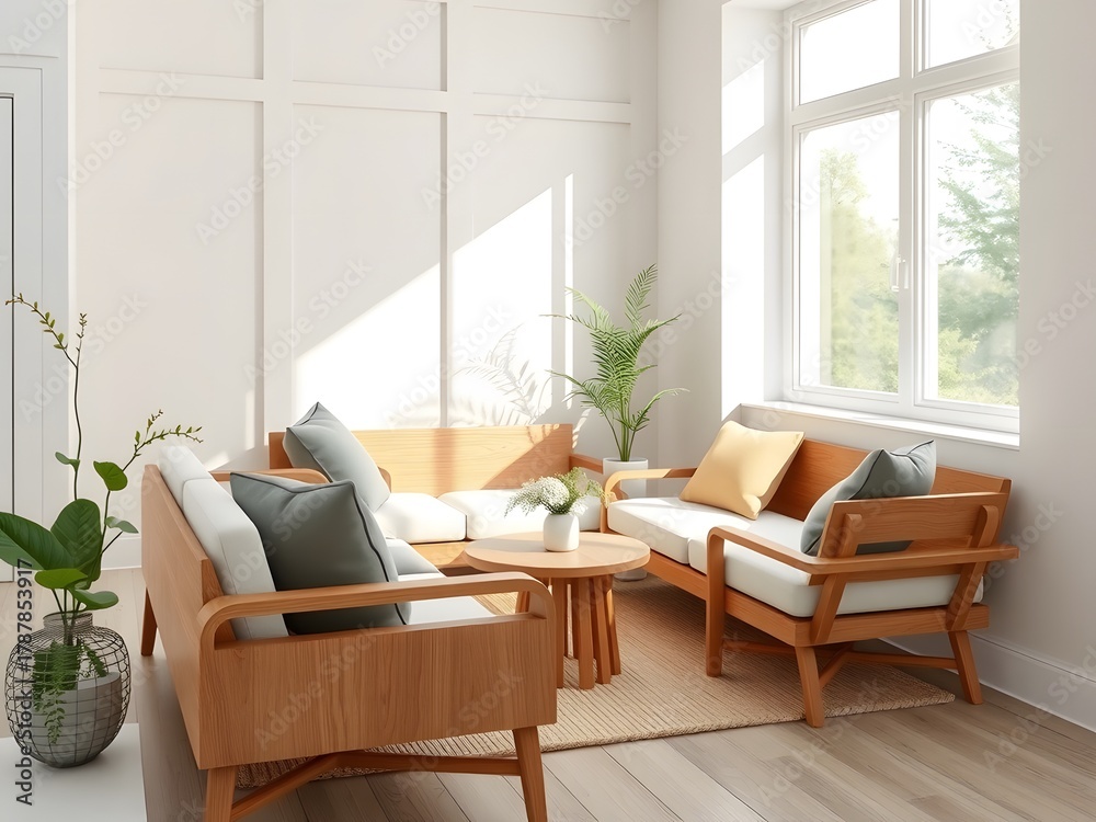 Fototapeta premium Modern Interior Living Room with Natural Light; Minimalist Decor Featuring Wooden Furniture, Cozy Sofa, and Indoor Plants; Inspiration for Contemporary Home Design Trends in Soft Warm Tones