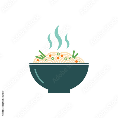 Steaming bowl of noodles sits ready to eat with fresh vegetables, inviting warmth and comfort on a cool day.