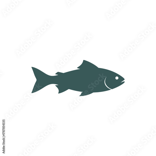 Swimming salmon silhouette in simple style against white backdrop represents healthy eating and natural food, evoking freshness and purity.