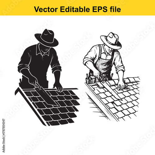 Two construction workers in cowboy hats installing roof shingles, one in silhouette and one in detailed line art