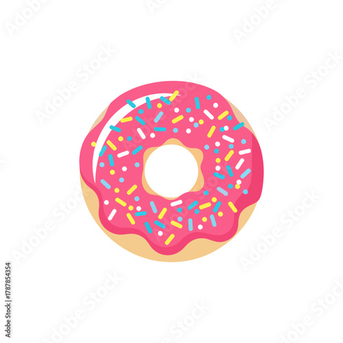Pink frosted donut with colorful sprinkles sits on a white surface, tempting viewers with its sweet and sugary goodness, creating a delicious and inviting treat.