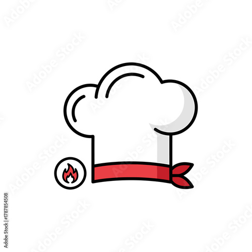 Chef's hat with red band and small flame symbol represents culinary expertise and passion in a modern, minimalist style.