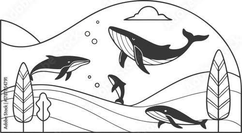 Majestic whales gracefully leap through serene abstract ocean waves and rolling hills with whimsical trees and clouds