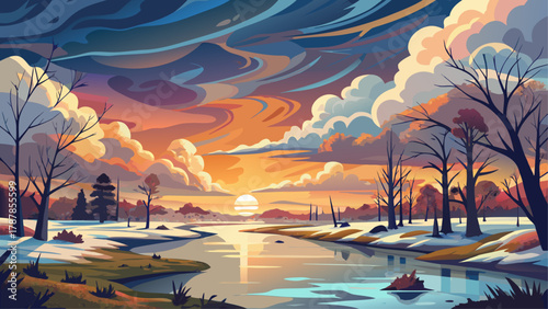 Very beautiful dramatic winter sunrise over the Pascagoula River near Creole Bayou, Mississippi, USA, featuring dynamic cloudscape, river reflections, and a realistic atmospheric landscape with moody 