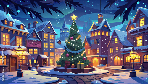 Magical Christmas night in the city square glowing with golden lights and snowfall, lanterns illuminating cobblestone streets, festive decorations on trees, calm winter air filled with warmth, joy