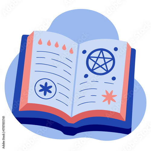 Magical book of spells with mystical symbols and blue background