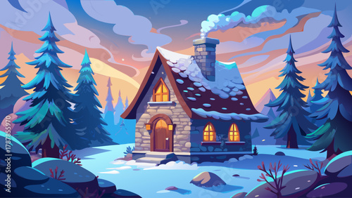 Whimsical digital artwork of a stone cottage surrounded by frosted pine trees, glowing windows and drifting smoke under a pale blue winter sky, storybook-inspired style with painterly texture
