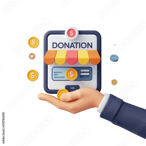 3d icon of hand holding donation app to support charity