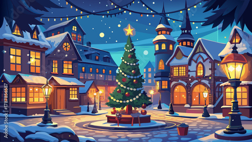 Magical Christmas night in the city square glowing with golden lights and snowfall, lanterns illuminating cobblestone streets, festive decorations on trees, calm winter air filled with warmth, joy