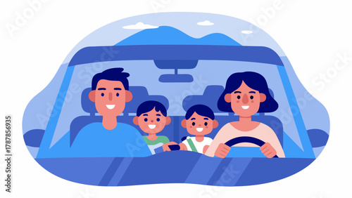 Happy family enjoying road trip in car with scenic view